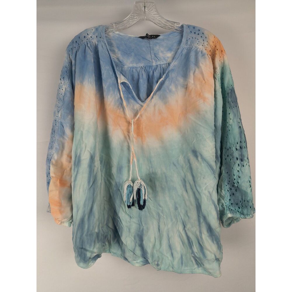 Tribal Blouse Women's XL Blue Tie Dye Tassel Boho Eyelet Puff Sleeve Pop Over
